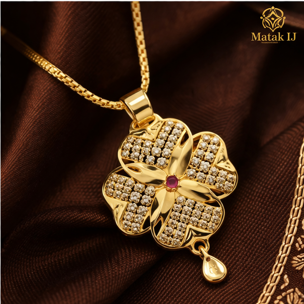 Matak IJ || Elegant Floral Temple Design Gold Pendant Necklace Set for Women with Earrings Free 12298