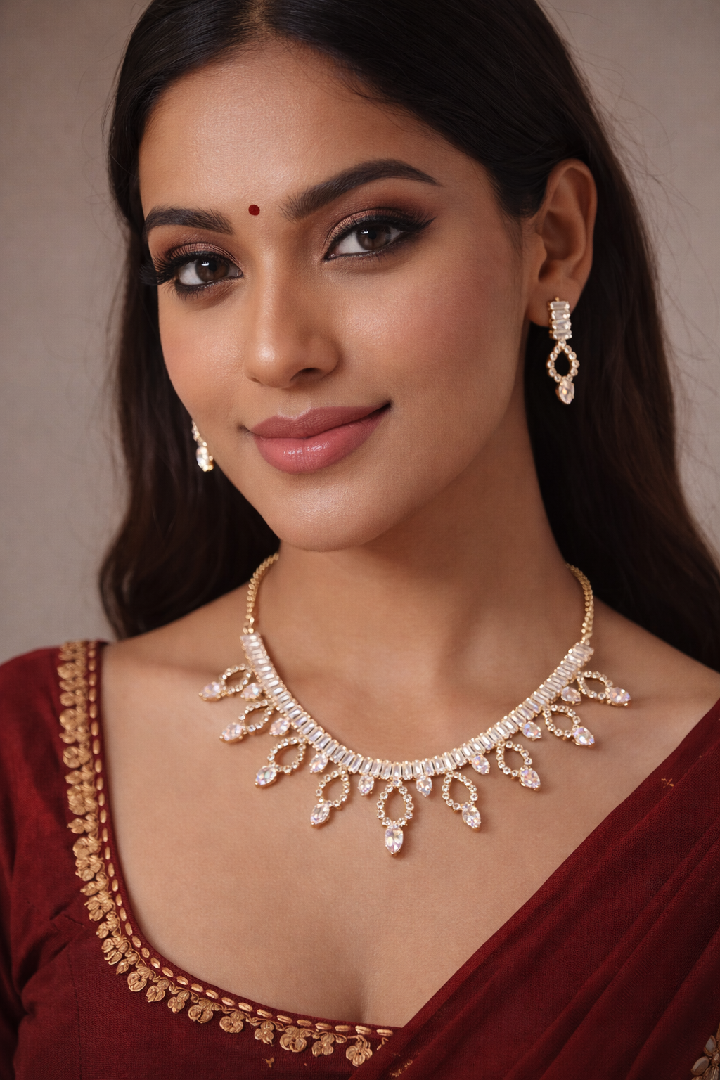 Matak IJ || Elegant Rose Gold Crystal Cascade Necklace Set with Earrings (Free) 17472