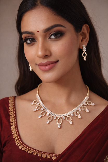 Matak IJ || Elegant Rose Gold Crystal Cascade Necklace Set with Earrings (Free) 17472