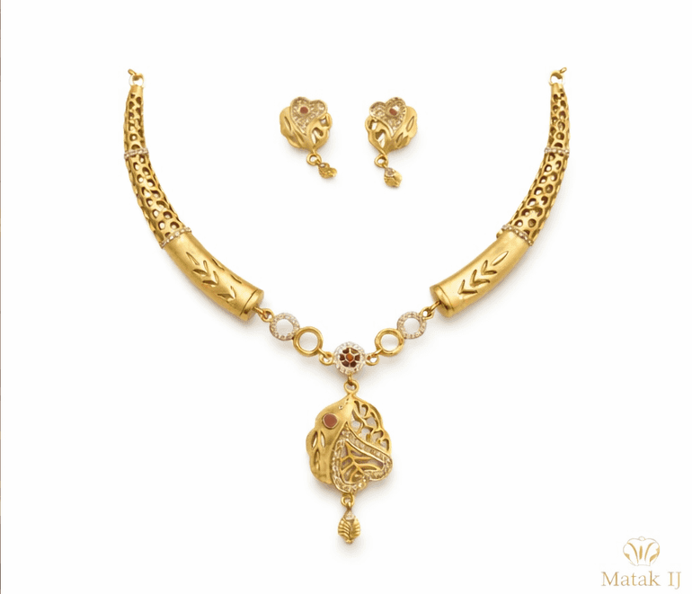 Matak IJ || Traditional Gold Pendant Necklace Set with Earrings (Free) 17596