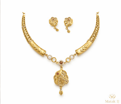 Matak IJ || Traditional Gold Pendant Necklace Set with Earrings (Free) 17596