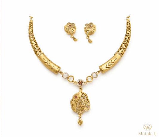 Matak IJ || Traditional Gold Pendant Necklace Set with Earrings (Free) 17596