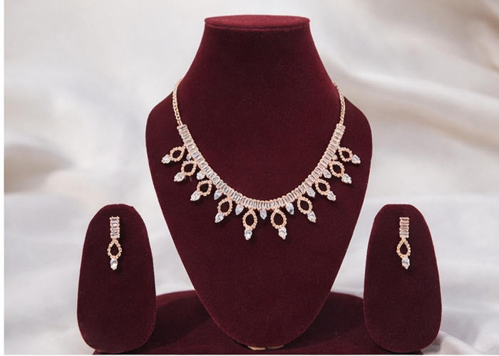 Matak IJ || Elegant Rose Gold Crystal Cascade Necklace Set with Earrings (Free) 17472