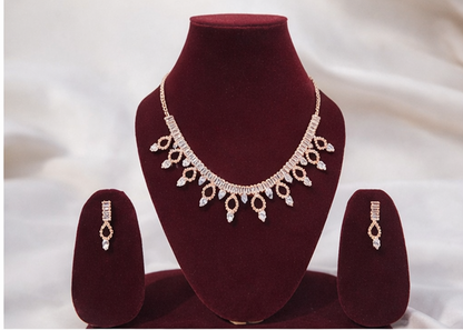 Matak IJ || Elegant Rose Gold Crystal Cascade Necklace Set with Earrings (Free) 17472