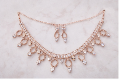 Matak IJ || Elegant Rose Gold Crystal Cascade Necklace Set with Earrings (Free) 17472