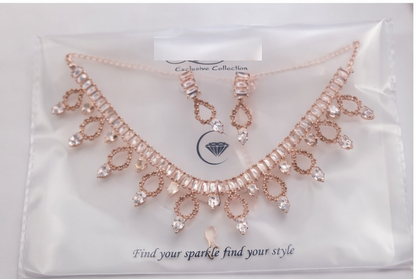 Matak IJ || Elegant Rose Gold Crystal Cascade Necklace Set with Earrings (Free) 17472