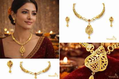 Matak IJ || Traditional Gold Pendant Necklace Set with Earrings (Free) 17596