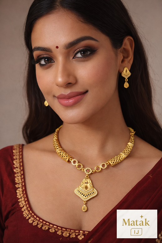 Matak IJ || Traditional Gold Pendant Necklace Set with Earrings (Free) 17596-1